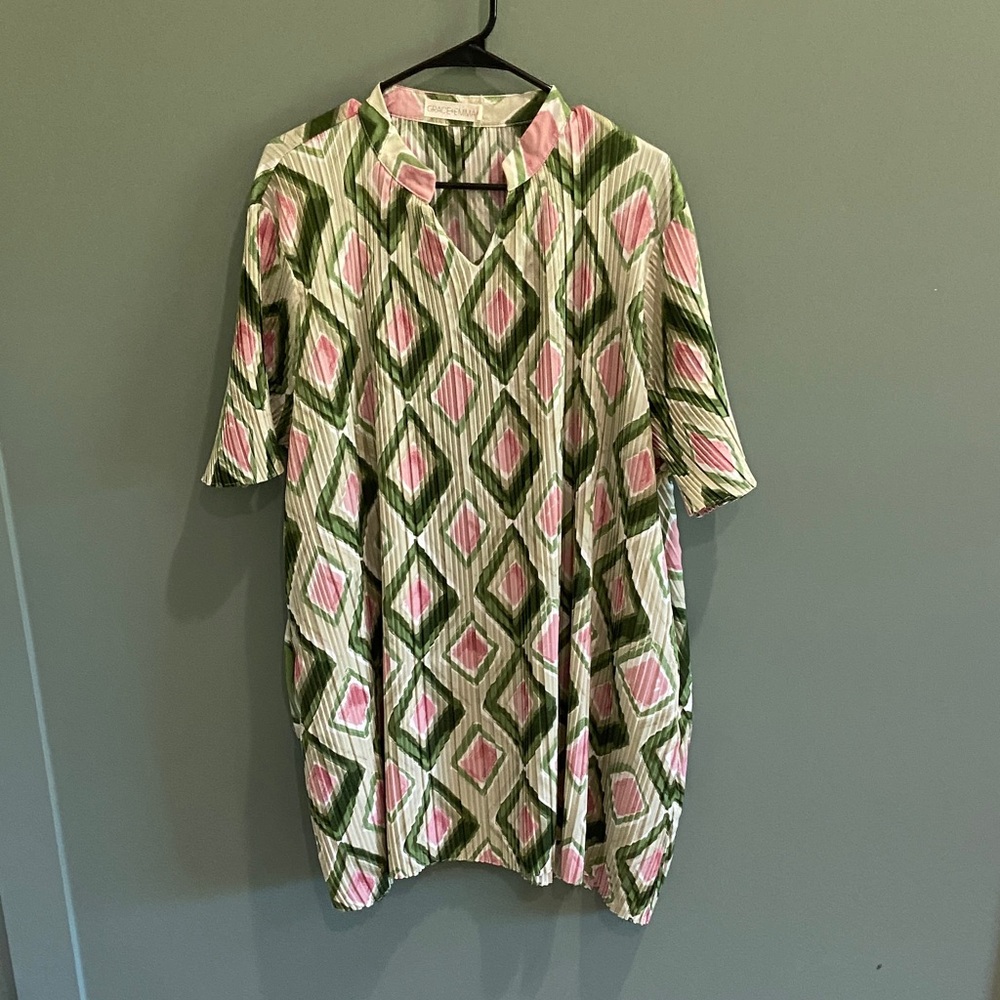 Relaxed Fit Pink & Green Printed Women's Dress